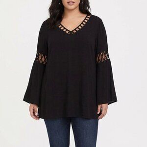 Entro Large Black V-Neck Cage Neckline Bell Sleeve Tunic Top
